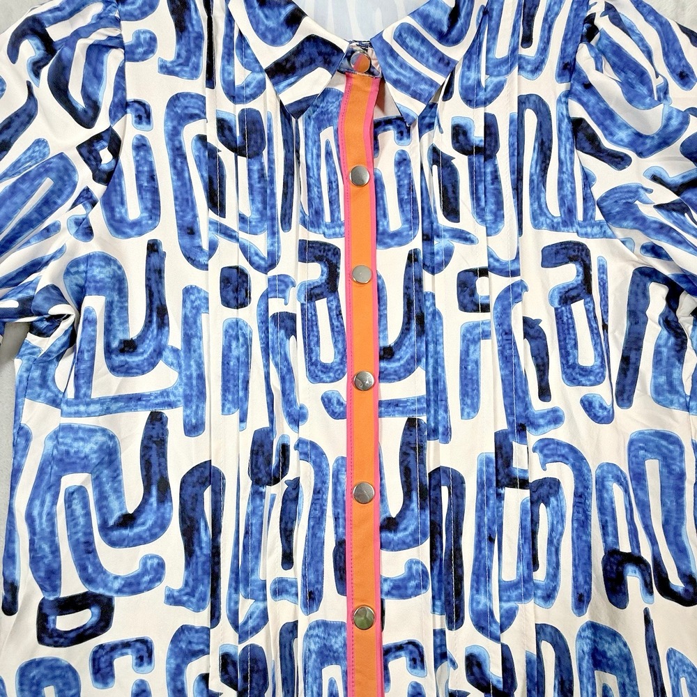 NWOT Geometric Women's Dress Large Mixed Print Blue Colorful Snap Buttons Ruffle - Picture 2 of 7